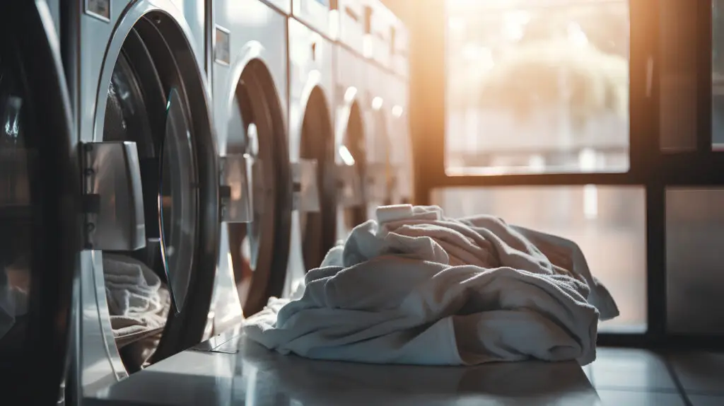 Laundry room interior with washing machine and towels in sunny day